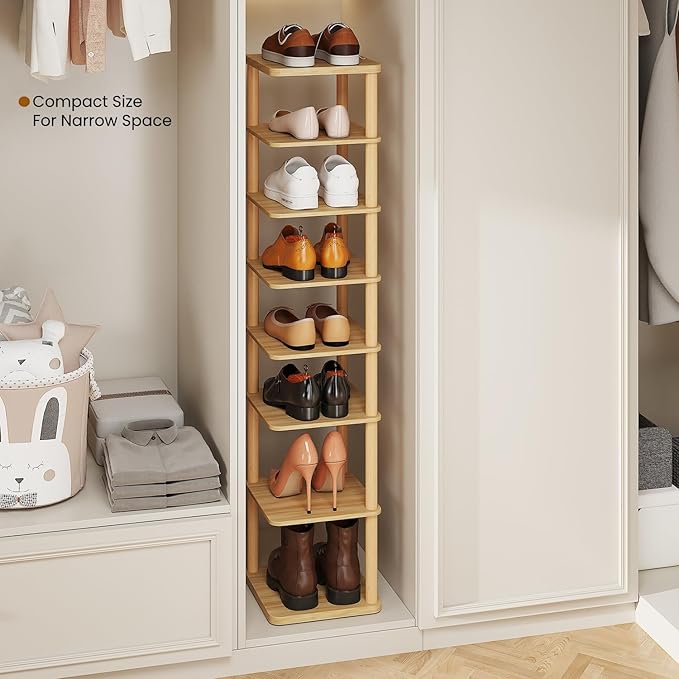 LUCKNOCK Vertical Shoe Rack, 8-Tier Tall Narrow Shoe Organizer for Entryway, Closet, Dorm & Small Spaces, Freestanding Wooden Shoe Shelf Tower for Boots, Sneakers, Heels. (Natural)