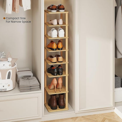 LUCKNOCK Vertical Shoe Rack, 8-Tier Tall Narrow Shoe Organizer for Entryway, Closet, Dorm & Small Spaces, Freestanding Wooden Shoe Shelf Tower for Boots, Sneakers, Heels. (Natural)