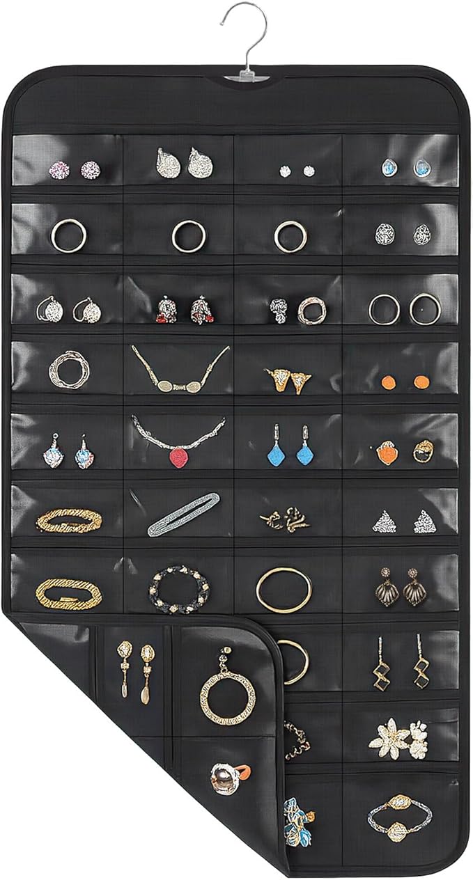 1 Pack Hanging Jewelry Organizer, 80 Clear Pockets earring organizer and storage, Accessories holder organizer for Closet, Jewelries, Necklace, Travel