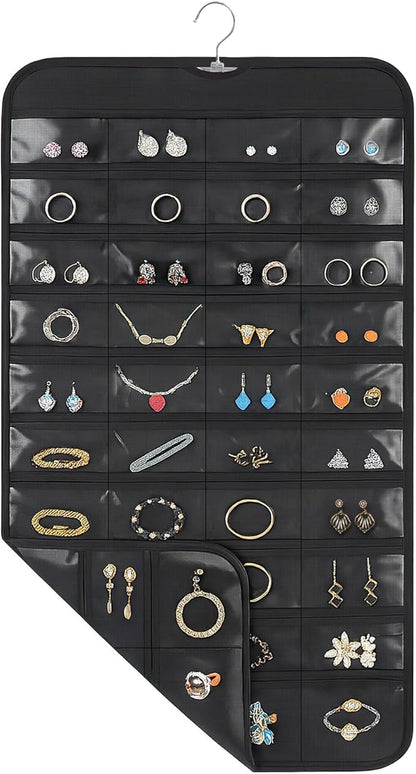 1 Pack Hanging Jewelry Organizer, 80 Clear Pockets earring organizer and storage, Accessories holder organizer for Closet, Jewelries, Necklace, Travel