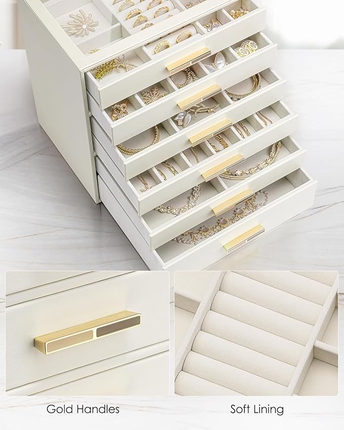 VLANDO 6 Layer Jewelry Box for Women, Glass Lid Jewelry Organizer with 6 Drawers for Necklaces Rings Earrings Bracelets - Cloud White