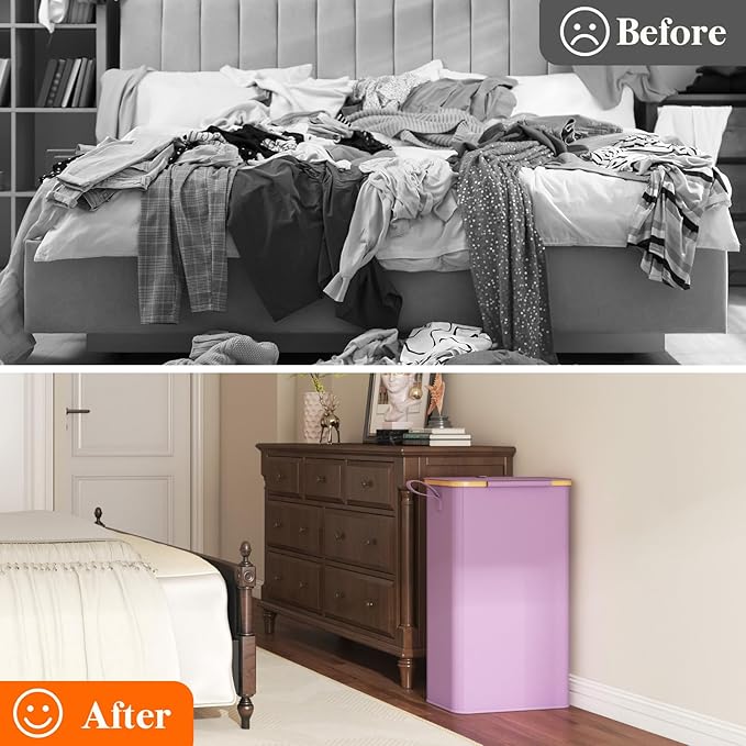 Lifewit 75L Slim Laundry Hamper with Lid, Narrow Laundry Basket with Removable Bag & Bamboo Handles, Fodable Thin Dirty Clothes Hamper for Laundry Collapsible Bin for Bathroom Bedroom Dorm, Purple