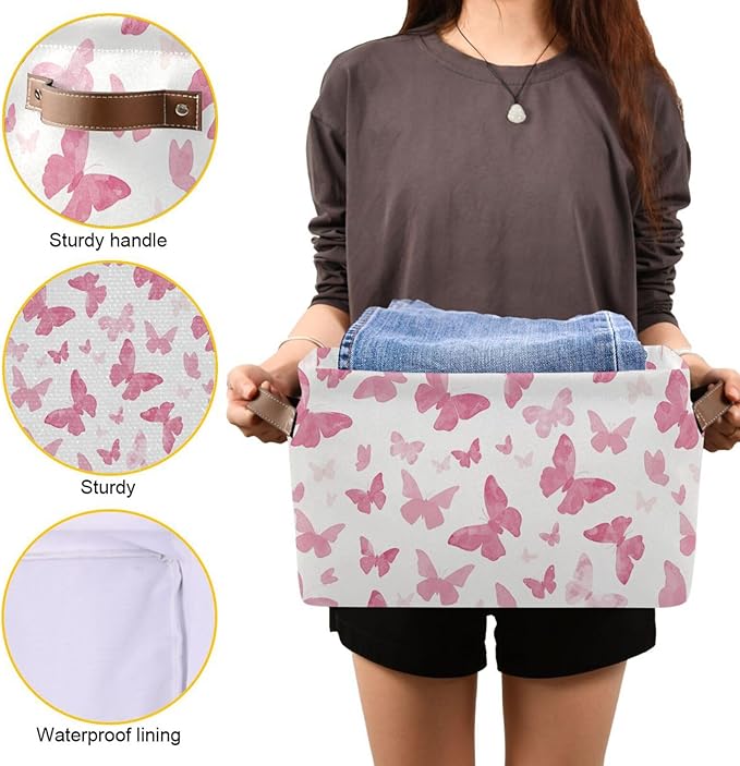 Watercolor Pink Butterfly Storage Basket Bin, Large Cube Storage Box Canvas Collapsible Storage Organizer for Home Office Closet - 15 L x 11 W x 9.5 H