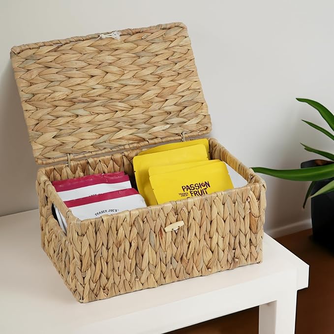 Water Hyacinth Baskets for Organizing, Rectangular Wicker Basket with Lid, Storage Baskets Bins with Built-in Handles for Shelf, Decorative Woven Basket Boxes for Storage Home Organizer Decor