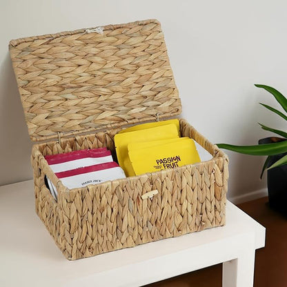 Water Hyacinth Baskets for Organizing, Rectangular Wicker Basket with Lid, Storage Baskets Bins with Built-in Handles for Shelf, Decorative Woven Basket Boxes for Storage Home Organizer Decor