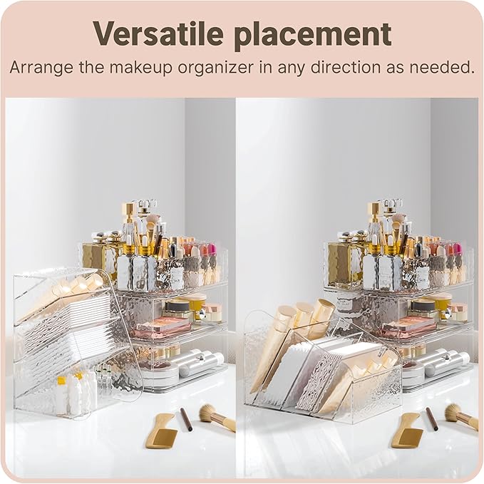 Makeup Organizer with Brush Holder Plastic Makeup Drawers For Vanity Clear Stackable Storage Case Makeup Organizer For Skincare, Brushes, Lipstick, Nail Polishes, Perfumes, Eyeshadow Palettes