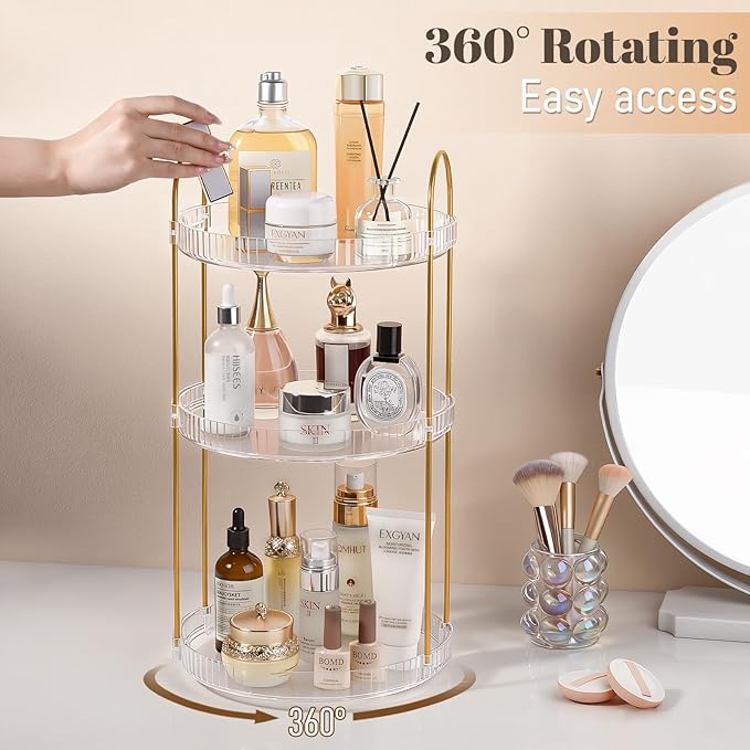 Anyoifax 360° Rotating Makeup Organizer 3 Tier Large Capacity Perfume Skincare Tray for Dresser Spinning Bathroom Counter Organizer for Vanity Lazy Susan Turntable Storage for Kitchen, Clear