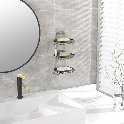 Moforoco 3-Tier Black Soap Bar Holder for Shower, No Drilling, 304 Stainless Steel, Wall Mounted Soap Holder with 4 Hooks and Razor Holder, Shower Rack Soap Tray Bar Soap for Bathroom Accessories