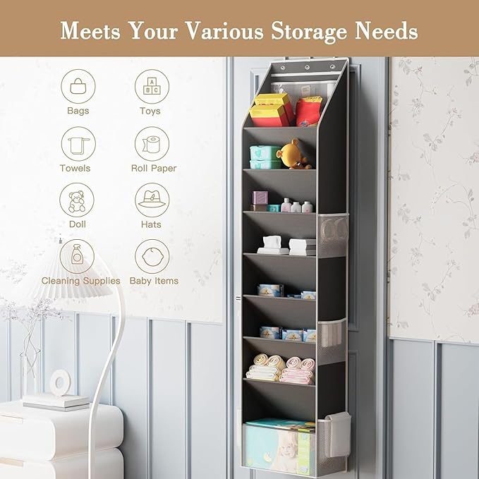 8 Tier Over the Door Shoe Storage Organizer with 8 Large Pockets, Hanging Shoe Organizer With 6 Side Pocket,Fits 16–24 Pairs of Sneakers, Sandals, Boots,Door Storage for Narrow Closet and Dorm (Grey)