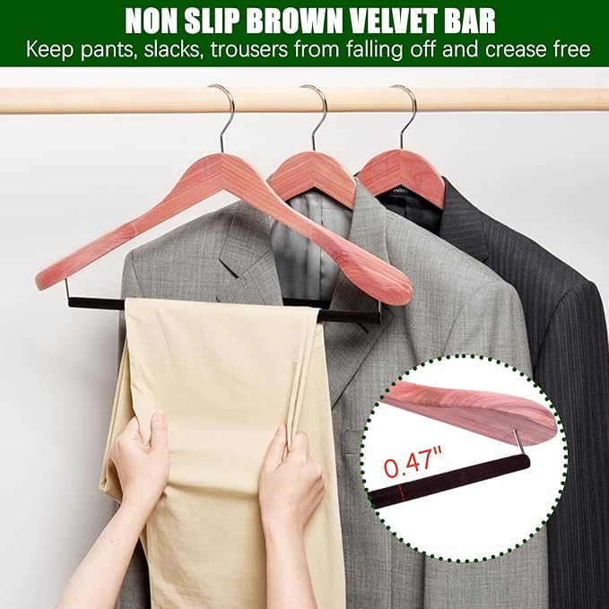 Amber Home 10 Pack Cedar Suit Hangers with Extra Wide Shoulder, Wooden Clothes Hangers for Coats & Jacket, Aromatic Natural Cedar Hangers with Non-Slip Velvet Pant Bar