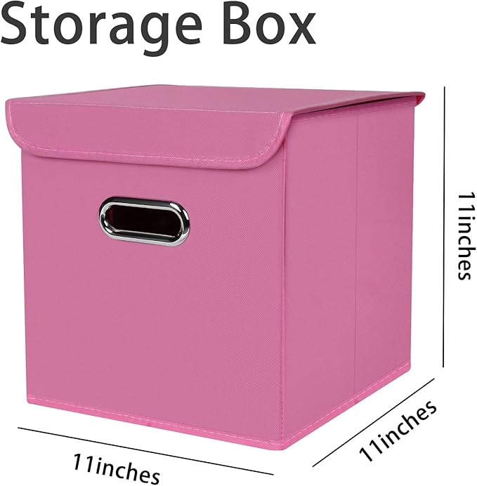 Fabric Storage Cube Bins with Lids Closet Organizers collapsible storage bins basket with Handles for Home,Storage Boxes for Organizing,3 Pack,(Pink)