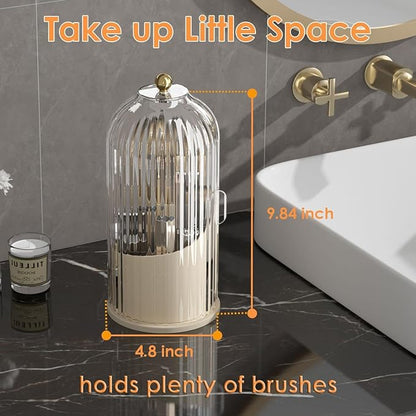 YOOLENS Makeup Brush Holder with Lid 360 Rotating Clear Dustproof Make Up Organizers for Vanity Bathroom Countertop, White Beige