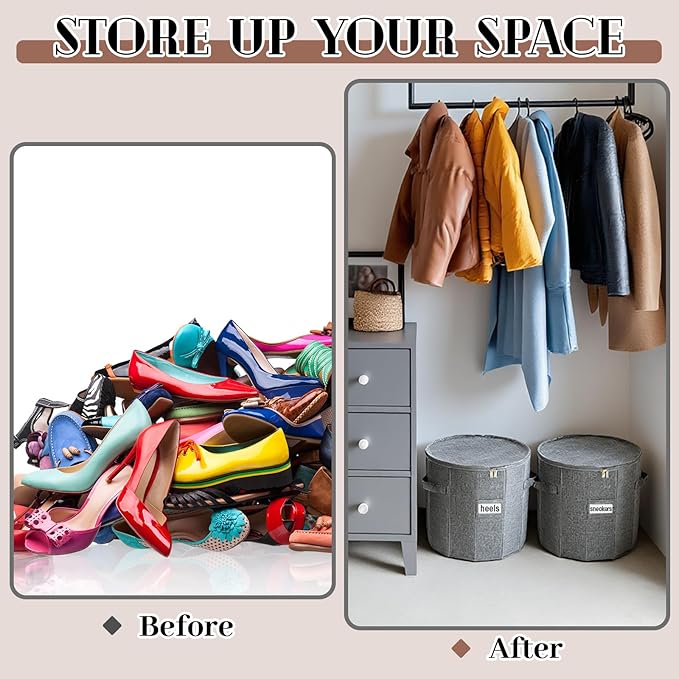 Ripeng 2 Pack Round Shoe Organizer for Closet, Cylindrical Shoe Storage Organizer with Removable Dividers and Lid, Foldable Closet Container Round Compartment Bins for Home (D14 X H13.2,Fan Shapped)