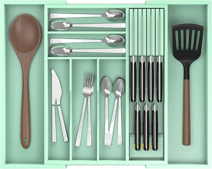 Bamboo Kitchen Drawer Organizer, Expandable Silverware Organizer with Removable Knife Block, 6-8 Slots- Utensil Holder & Cutlery Tray Drawer Dividers, 2.36" Deep for Extra Capacity, Cyan