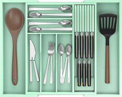 Bamboo Kitchen Drawer Organizer, Expandable Silverware Organizer with Removable Knife Block, 6-8 Slots- Utensil Holder & Cutlery Tray Drawer Dividers, 2.36" Deep for Extra Capacity, Cyan