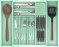 Bamboo Kitchen Drawer Organizer, Expandable Silverware Organizer with Removable Knife Block, 6-8 Slots- Utensil Holder & Cutlery Tray Drawer Dividers, 2.36" Deep for Extra Capacity, Cyan