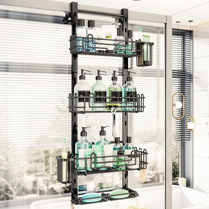 HapiRm 4 Tier Over the Door Shower Caddy, Hanging Shower Organizer with 22 Hooks and 2 Toothbrush Holders, No Drilling Adjustable Hanging Shelves for Bathroom Storage - Black