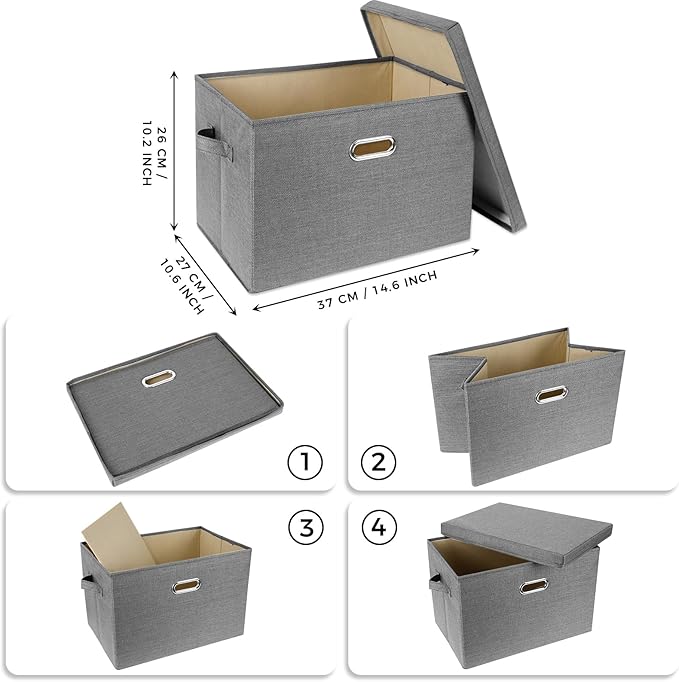 SNWDN 4 Pack Collapsible Fabric Storage Bins with Lids Fabric storage box with lids for closet organizers and storage (grey 14.6x10.6x10.2 inches)