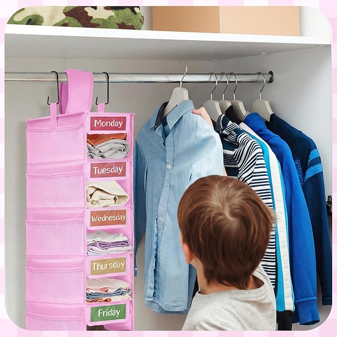 2 Pack 7 Shelf Weekly Clothes Organizer Hanging Closet for Kids with Side Pockets Weekday Shoes Rack Weekly Clothes Organizers Monday Through Weekend Foldable Storage Shelves(Pink)
