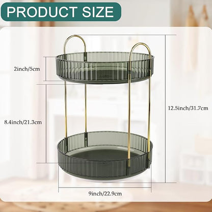 LNAUJS Dark Green 2-Tier Perfume Stand, 360° Rotating Plastic Vanity Organizer for Perfumes, Cosmetics & Skincare, Large Capacity Bathroom/Bedside Counter Storage Holder