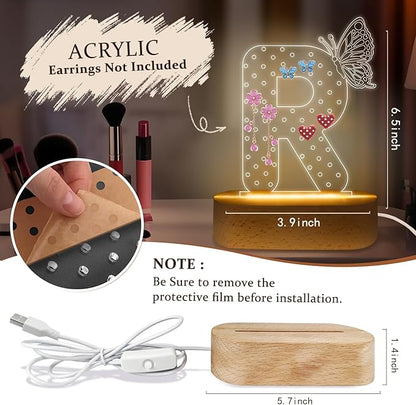 COSHAYSOO Earring Holder Organizer for Women Teen Girls with Butterfly Decorations LED Night Light, Initial Earring Rack Vanity Dresser Dressing Table Bedroom Room Decor Letter R