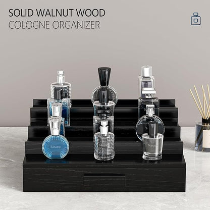 Walnut Wood Cologne Organizer for Men,4 Tier Cologne Stand,Perfume Stand Organizer,Cologne Shelf Display Holder with Hidden Storage and Drawer,Great Gift for Men,Black