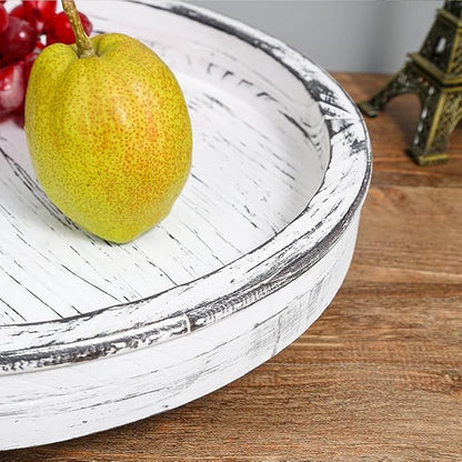 14Inch Rustic Round Wood Lazy Susan Distressed Tray-Distressed Farmhouse Turntable Tray, Cabinet Organizer, and Dining Table (White)