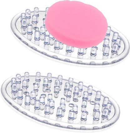 Clear Soap Dish 2 Pack, Plastic Soap Holder for Shower, Food-Grade PVC Oval Saver with Raised Peg Draining, Non-Slip Sponge Holder for Bathroom Kitchen Counter