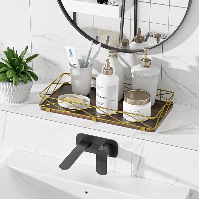 Lixple Toilet Paper Basket Holder, 13" Toilet Tank Tray, Wood and Metal Toilet Tray Vanity Organizer Bathroom Tray, Kitchen Sink Organizer for Soap Dispenser (Brown+Gold)