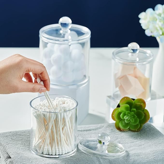 4 Pack Qtip Holder - Restroom Bathroom Organizers and Storage Containers,- 10 oz Clear Plastic Apothecary Jars set with Lids for Organizing Cotton Pads, Swabs, Balls, Floss
