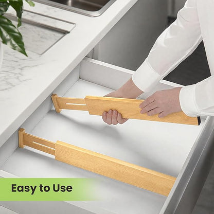 Fyvva Drawer Divider, Adjustable Bamboo Kitchen Drawer Organizer, Spring Loaded Drawer Organizer, Dresser Separators for Kitchen, Bathroom, Clothes, Office Desk Storage (Natural, 8 Pack Large)
