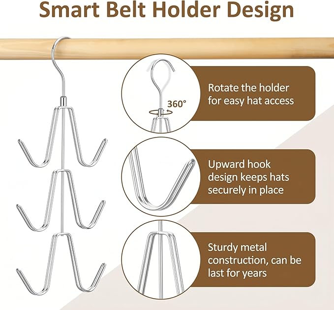 ZEDODIER Hat Organizer for Closet, Rotatable Hat Hanger Holds 18+ Baseball Caps, Space Saving Metal Hat Rack & Cap Holder, No Assembly Required, Hat Storage for Men Women, Silver, 1 Pack