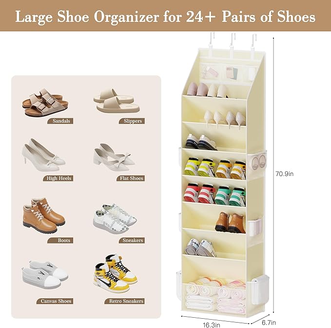Criusia Shoe Storage, Over the Door Shoe Organizer, Hanging Closet Shoe Storage with Large Deep Pockets, Fits 16–24 Pairs of Sneakers, Sandals, Boots, Beige
