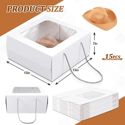 Feifeiya 15 Pcs White 15 x 15 x 7 inch Hat Boxes with Window for Travel Large Cardboard Hat Case Organizer Storage with Lid and Handles Portable Cardboard Boxes Display for Storage Present Packing