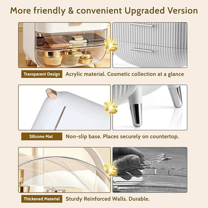 Makeup Organizer with Drawers-Cosmetic Display Case for Vanity|Skincare Organizer with 360 Rotating Brush Holder,Large Storage Box Dresser,Women Gifts Display Cases for Bathroom Countertop, Sliver