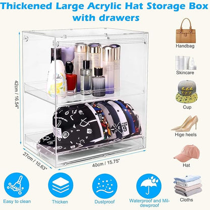 Acrylic Hat Organizer for Baseball Caps, Stackable Clear Sliding Tray & Door Panel Hat Holder Box , Large Cap Holder Organizer with Sliding Tray, Hat Racks Can Hold 30 Caps 16.6" H x 10.7" W x 15.8" D