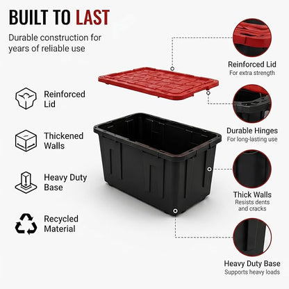 27 Gal Industrial Tote,4 Pack Large Storage Bin,Black with Red Lid Plastic Storage Container Stackable & Nestable Heavy Duty Storage Totes, Suitable for Garages, Basements or Outdoors (4 Pack)