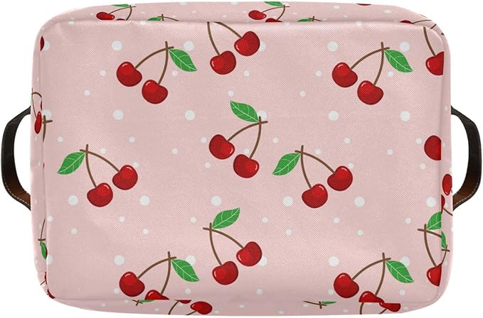 Storage Basket Cherry Rectangular Collapsible Canvas Shelves Storage Bins with Leather Handles for Shelves Home Closet Bedroom Living Room, 1Pack