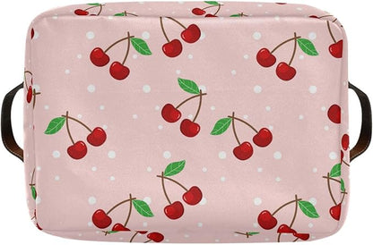 Storage Basket Cherry Rectangular Collapsible Canvas Shelves Storage Bins with Leather Handles for Shelves Home Closet Bedroom Living Room, 1Pack
