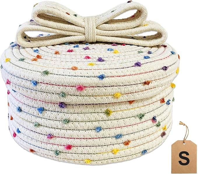 Tiny Basket with Lid, Small Round Woven Basket with Lid, Decorative Storage Box for Small Toy, Gift or Home Decor, Rainbow Pom-pom & Cute Bow Handle (rainbow, S)