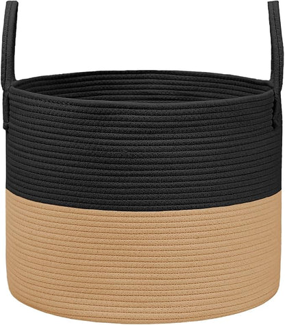 JMvicyroam 65L Extra Large Blanket Basket for Living Room - Woven Cotton Rope Laundry Hamper with Reinforced Handles - Storage Bin for Pillows, Comforters & Toys - Machine Washable,Black&Jute