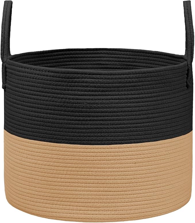 JMvicyroam 115L Extra Large Blanket Basket for Living Room - Woven Cotton Rope Laundry Hamper with Reinforced Handles - Storage Bin for Pillows, Comforters & Toys - Machine Washable,Black&Jute