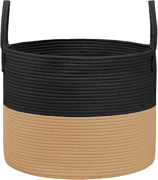 JMvicyroam 115L Extra Large Blanket Basket for Living Room - Woven Cotton Rope Laundry Hamper with Reinforced Handles - Storage Bin for Pillows, Comforters & Toys - Machine Washable,Black&Jute