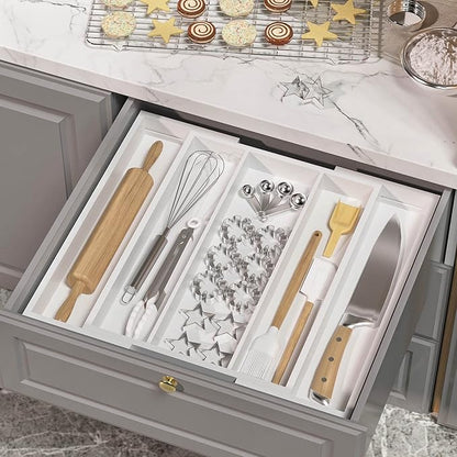 Utensil Organizer for Kitchen Drawers - Bamboo Silverware Tray Expandable 5 Slots Drawer Organizer for Office and Pantry Supplies W13.7-19.9" x L17.6 X H2.5 (White)