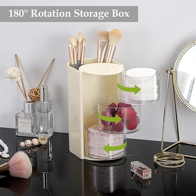 Rotating Hair Accessories Organizer with Comb Holder Cosmetic Storage Case for Makeup Sponge Plastic Desktop Organizer, 2-Layer Yellow