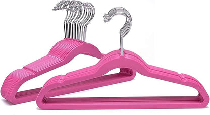 Quality Kids Children's Plastic Non Velvet Non-Flocked Thin Compact Shirt and Skirt/Pant Bundle Coat Hangers with Metal Clips for Skirts Pants Blouses 360° Swivel Hook, Jacket, Pink