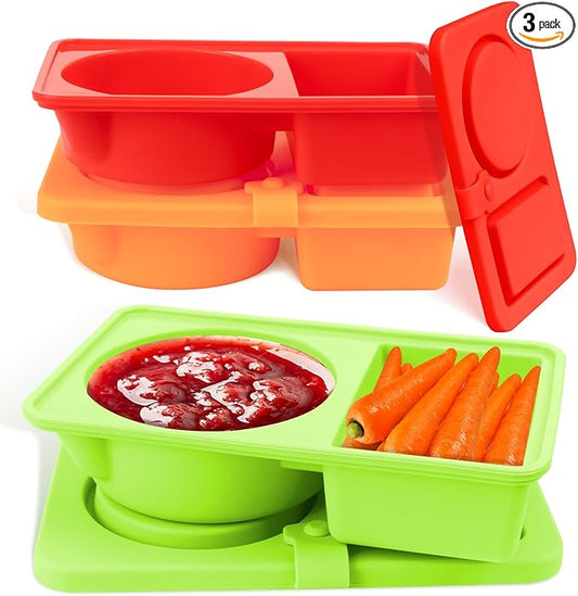 3 Pack Silicone Snackle Containers with Lids, Reusable 2 Compartment Snack Box Containers Salad Dressing Sauce Seasoning Container, Small Mini Food Snack Boxs for Travel, Office, Picnic