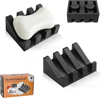 Soap Dish Holder for Shower with Suction Cup, Silicone Soap Holder & Saver Self-Draining Bar Soap Dish Keeps Soap Dry for Bathroom, Kitchen, Bathtub, Extends Soap Life (Black-2Pack)