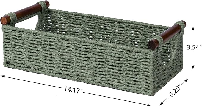 CubesLand Wicker Toilet Storage Basket Tray Organizer W/Cut Out Handle, Slim Decorative Basket for Countertop, Shelves And for Versatile Home Decor, Living Room, Nursery Organization, Green