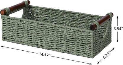 CubesLand Wicker Toilet Storage Basket Tray Organizer W/Cut Out Handle, Slim Decorative Basket for Countertop, Shelves And for Versatile Home Decor, Living Room, Nursery Organization, Green